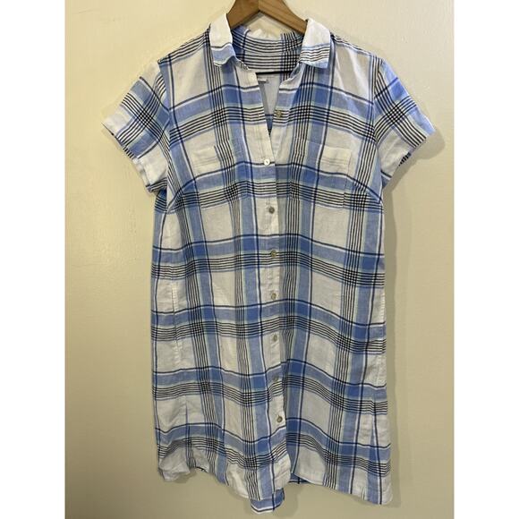 Linen Button Up Tunic Shirt Check Plaid Dress Coastal Cottage Resort Preppy - Picture 1 of 15